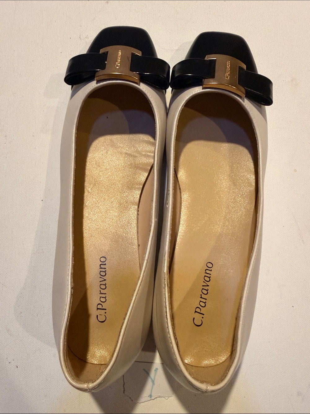 C.Paravano Two-Tone Black and Cream Square-Toe Flats with Bow Accent - Picture 2 of 5